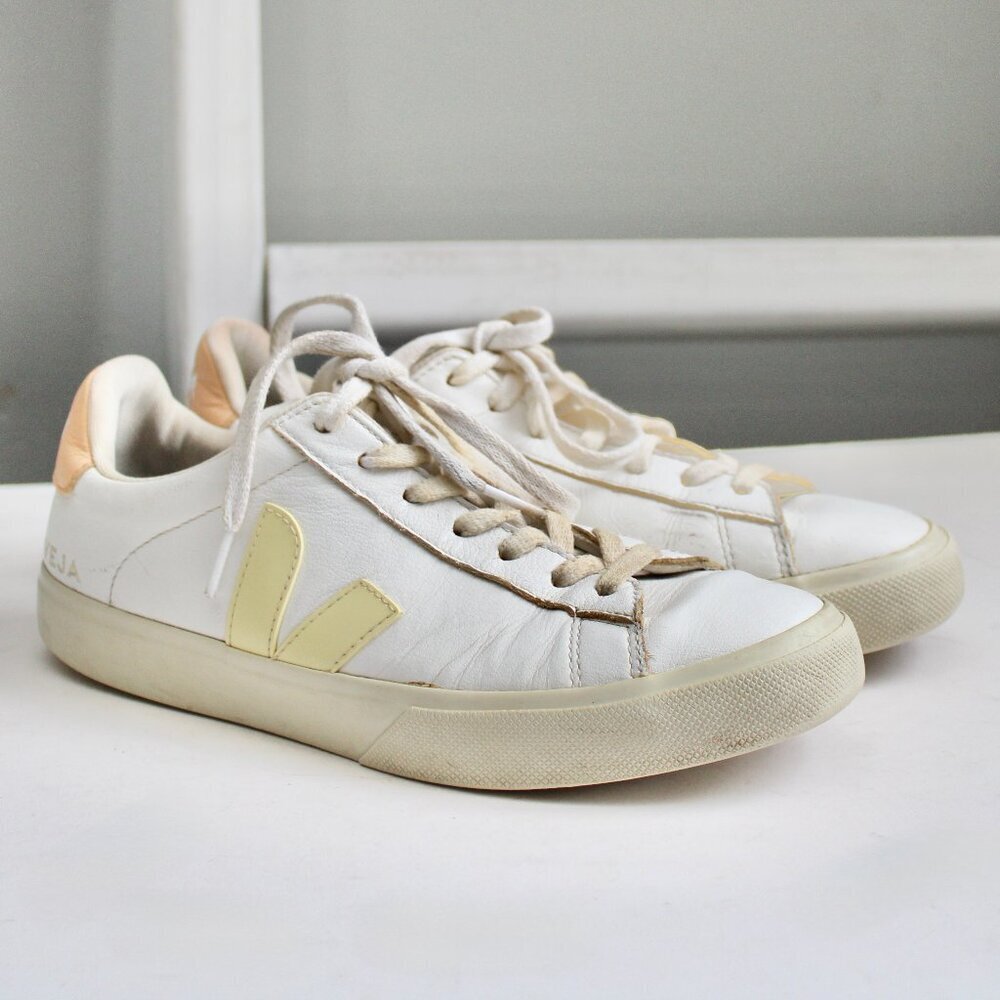Veja Women's White Sneakers with Pale Yellow V Logo